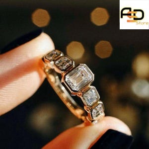 1.45 TW Emerald Cut Lab Diamond Wedding Band | Nine-Stone Half Eternity Ring | Stackable Moissanite Anniversary Gift for Her