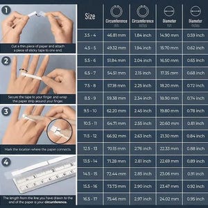 May include: A chart showing ring sizes in both inches and millimetres. The chart includes circumference, diameter, and size range.  The chart also includes instructions on how to measure your finger for a ring.