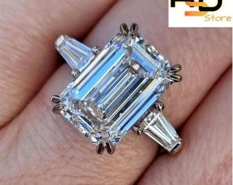 Emerald Cut Lab Diamond Three Stone Ring Set, 925 Silver Gold Plated