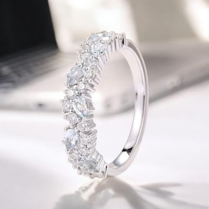 Gorgeous Vintage Anniversary Present for Her: Moissanite Wedding Band Cluster CZ Wedding Ring Pear Stacking Band Matching White silver Band