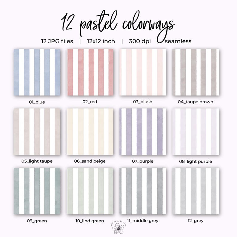 May include: Twelve seamless pastel colorways are displayed, each with vertical stripes in various colors, including blue, red, blush, taupe brown, light taupe, sand beige, purple, light purple, green, lind green, middle grey, and grey. The image includes the text "12 pastel colorways".