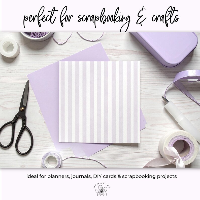May include: A square paper with vertical white and lavender stripes is the focal point of this image. Other craft supplies include scissors, tape, ribbon, and a container. The text "perfect for scrapbooking & crafts" is at the top.