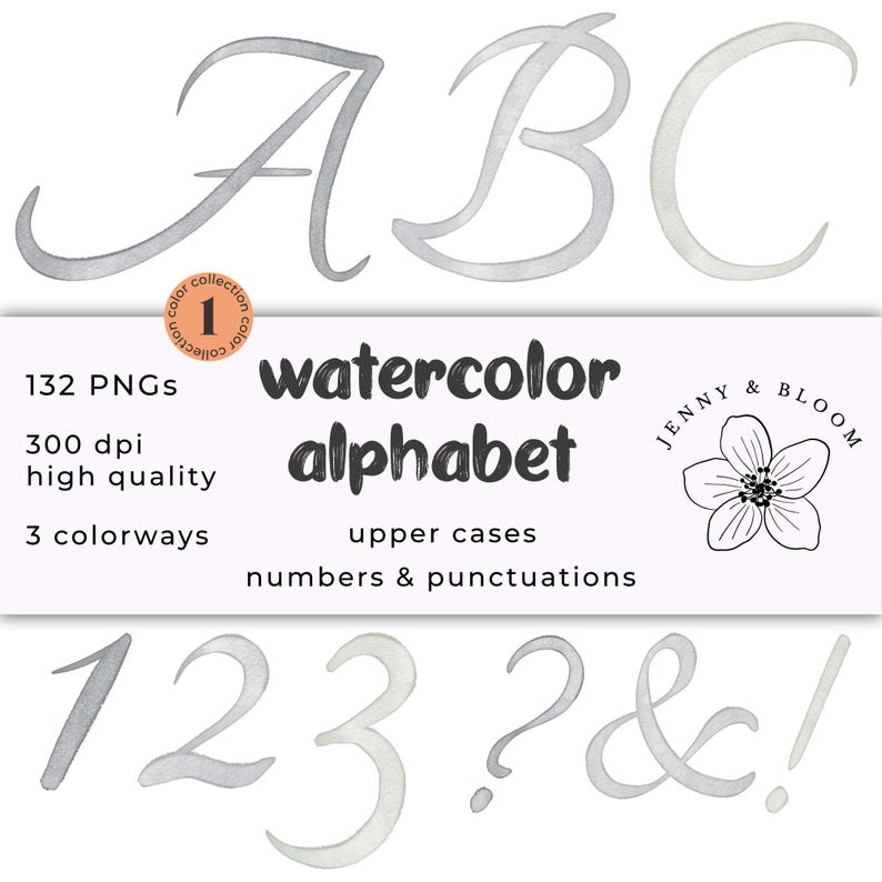 Watercolor Alphabet Pngs Letters Numbers Punctuation Invitation Diy