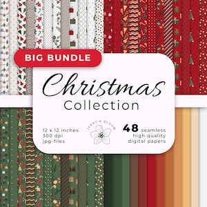 Christmas Digital Paper: Seamless Holiday Patterns, Scrapbooking Backgrounds (JPG, 12x12)