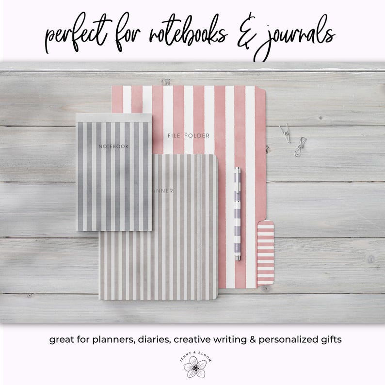May include: A collection of striped notebooks, a file folder, and a pen. The notebooks and file folder have vertical stripes in gray and white, and pink and white. The pen has a matching striped design. The text "perfect for notebooks & journals" is at the top.