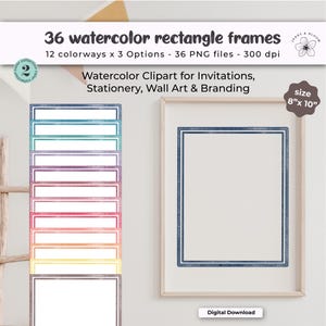 Aquarel rechthoek frames clipart | Regenboogpastelranden voor uitnodigingen, bruilofts- en babyshowerkaarten, branding, 8 x 10 png-bestand downloaden