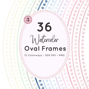 水彩画の楕円形フレーム クリップアートセット PNG | 結婚式招待状、ベビーシャワー、保育園のプリント、スクラップブッキング、文房具に最適なパステルボーダー