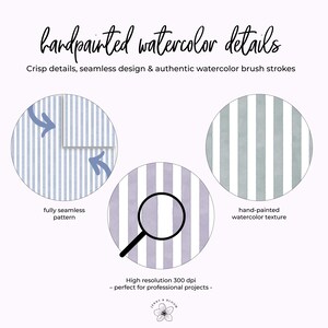 May include: An image showcasing hand-painted watercolor details with crisp details and seamless designs. The image includes three circular examples of striped patterns in blue, purple, and green, with the text "fully seamless pattern" and "hand-painted watercolor texture". The text "High resolution 300 dpi - perfect for professional projects -" is also included.