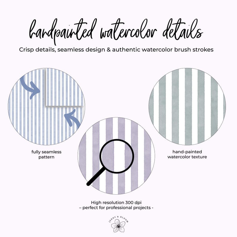 May include: An image showcasing hand-painted watercolor details with crisp details and seamless designs. The image includes three circular examples of striped patterns in blue, purple, and green, with the text "fully seamless pattern" and "hand-painted watercolor texture". The text "High resolution 300 dpi - perfect for professional projects -" is also included.