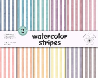 May include: A set of 12 digital papers featuring watercolor stripes in various pastel colors. The papers are 12 inches by 12 inches and 300 dpi.