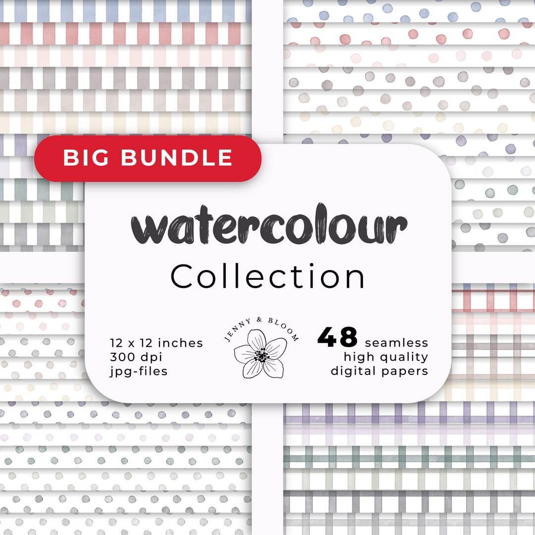 Watercolor Pattern Digital Paper Bundle: Dots, Gingham, Stripes (JPG ...