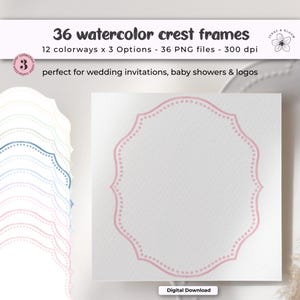 Marcos de imágenes prediseñadas de escudos de acuarela PNG / Bordes de escudo de armas en tonos pastel para invitaciones de boda, tarjetas de baby shower, menús de eventos y papelería