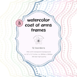 PNGs de crista aquarela | Clipart de moldura de borda de brasão de armas | Casamento DIY, chá de bebê, fundo de convite | Download pastel