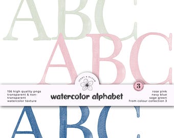 Watercolor Alphabet Clipart: PNG Letters, Rose Pink, Navy, Sage (Digital Download)