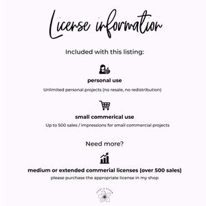 May include: A graphic with the text "License information" and details on personal and small commercial use licenses. Includes icons for personal use and a shopping cart for commercial use. The text also mentions extended commercial licenses.