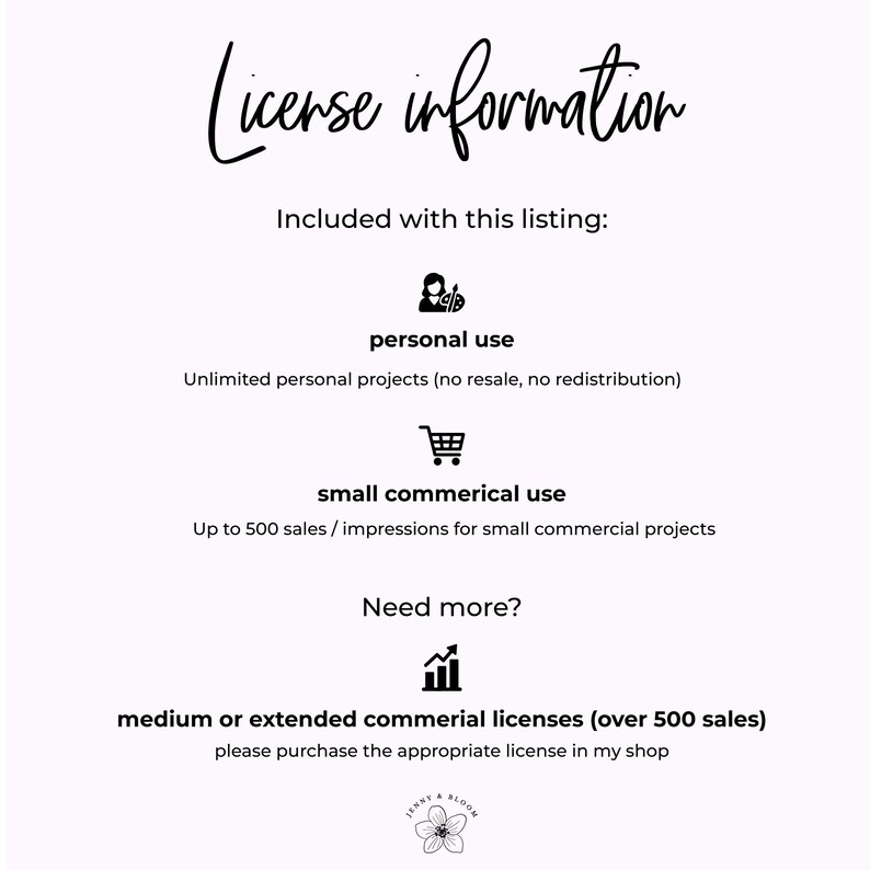 May include: A graphic with the text "License information" and details on personal and small commercial use licenses. Includes icons for personal use and a shopping cart for commercial use. The text also mentions extended commercial licenses.