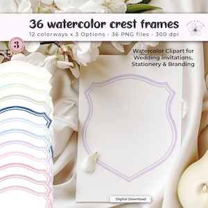 Watercolor Crest Frames Clipart | Pastel Coat of Arms Borders for Wedding Invitations, Baby Shower Cards, Nursery Prints & Branding Design