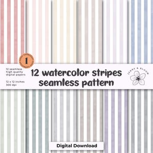 May include: A digital paper set with 12 watercolour stripe patterns in shades of pink, beige, and blue. The seamless patterns are 30.48 x 30.48 cm. The image includes the text "12 watercolour stripes seamless pattern" and "Digital Download."