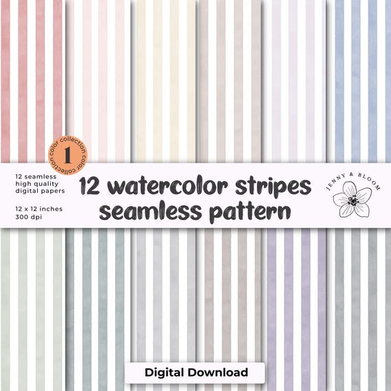 Watercolor Stripes Seamless Patterns JPG | Pastel Digital Papers for Wedding Invitations, Scrapbooking, Journals, DIY & Stationery Design