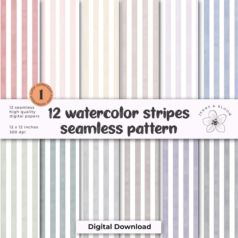 May include: A digital paper set featuring 12 watercolor stripe patterns in various colors, including pink, beige, and blue. The patterns are seamless and measure 12 x 12 inches. The image includes the text "12 watercolor stripes seamless pattern" and "Digital Download."