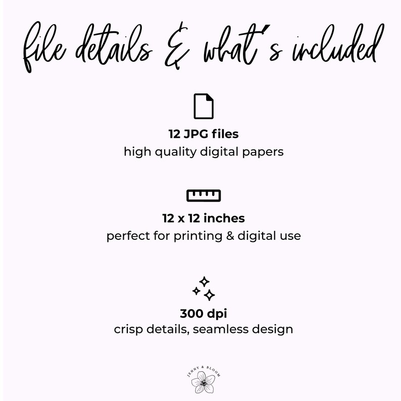 May include: A light pink graphic with black text that reads "file details & what's included." The image includes information about 12 JPG files, high-quality digital papers, and 12 x 12 inches (30.48 cm) perfect for printing and digital use.