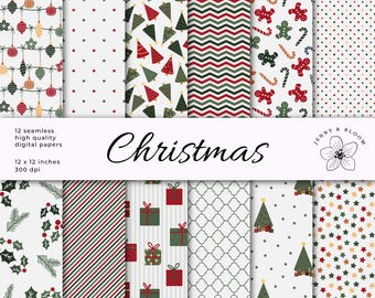 May include: A collection of 12 seamless digital papers featuring Christmas themes including ornaments, stars, trees, chevron stripes, gingerbread men, candy canes, holly, gifts, and quatrefoil patterns with the text Christmas and Jenny & Bloom.