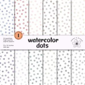 May include: A set of 12 digital papers featuring watercolour dots in various shades of blue, grey, and pink. The papers are seamless and measure 12 inches by 12 inches at 300 dpi. The text "watercolor dots" is displayed in the center of the image.