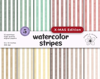 May include: A set of five digital paper patterns featuring watercolor stripes in various colors, including green, pink, yellow, and brown. The papers are 12 inches by 12 inches and 300 dpi. The text "X-MAS Edition" and "watercolor stripes" is included in the image.