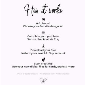 May include: A light pink graphic with the text "How it works" in a cursive font. The steps include adding to cart, completing the purchase, downloading files, and starting to create. The bottom of the graphic has the text "JENNY & BLOOM".
