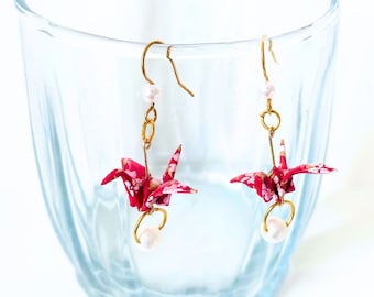 Origami Paper Crane Dangle Earrings, Resin Coated Japanese handmade accessory