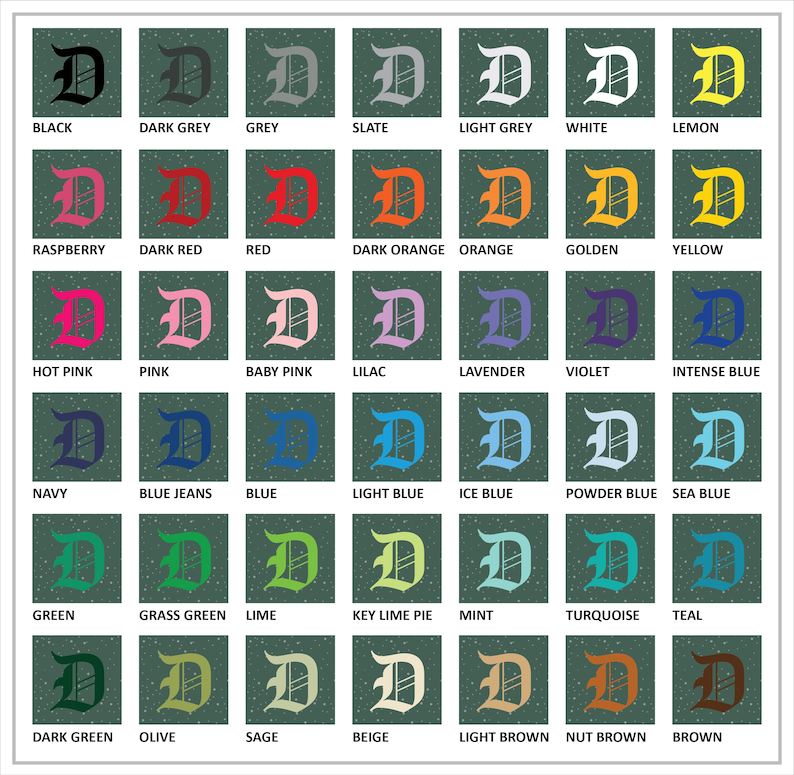 May include: A grid of color swatches, each featuring a stylized letter "D" in various shades. Colors include black, grey, red, orange, yellow, pink, blue, green, and brown, with names like "Raspberry," "Teal," and "Nut Brown."