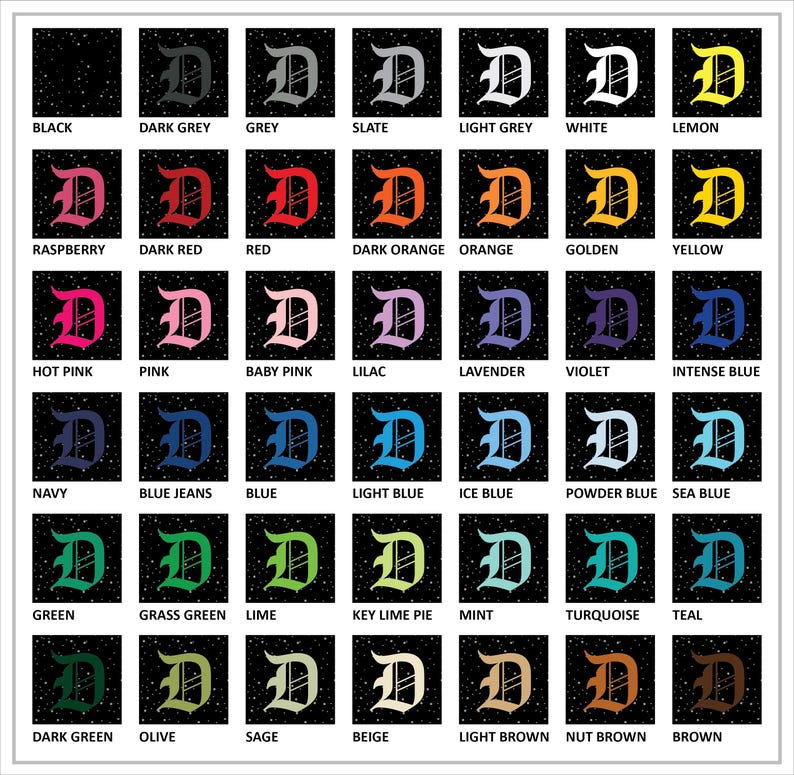 May include: A grid of color swatches, each featuring a capital letter "D" in a different color. Colors include black, grey, red, orange, yellow, pink, blue, green, brown, and more. Each swatch has a corresponding color name.