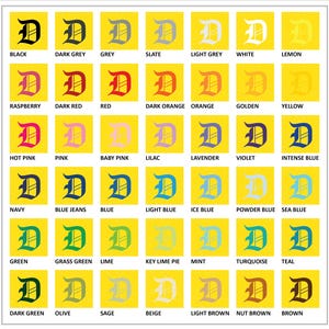 May include: A grid of 36 color swatches, each featuring the letter "D" in a different color. Colors include black, grey, red, pink, blue, green, and brown, with names like "Raspberry," "Lime," and "Teal" displayed below each.