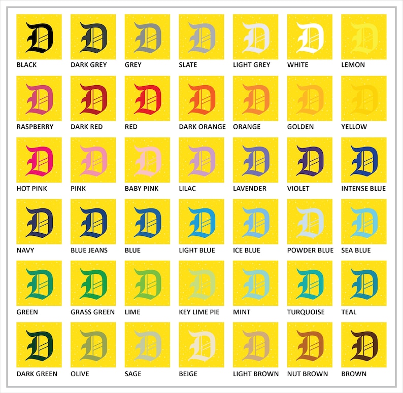 May include: A grid of 36 color swatches, each featuring the letter "D" in a different color. Colors include black, grey, red, pink, blue, green, and brown, with names like "Raspberry," "Lime," and "Teal" displayed below each.