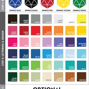 May include: A graphic with color swatches and text for customizing a book. The top row features geometric shapes in sparkle blue, black, red, yellow, and green. Below are color options for lettering and design, and text.