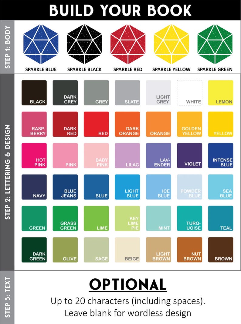 May include: A graphic with color swatches and text for customizing a book. The top row features geometric shapes in sparkle blue, black, red, yellow, and green. Below are color options for lettering and design, and text.