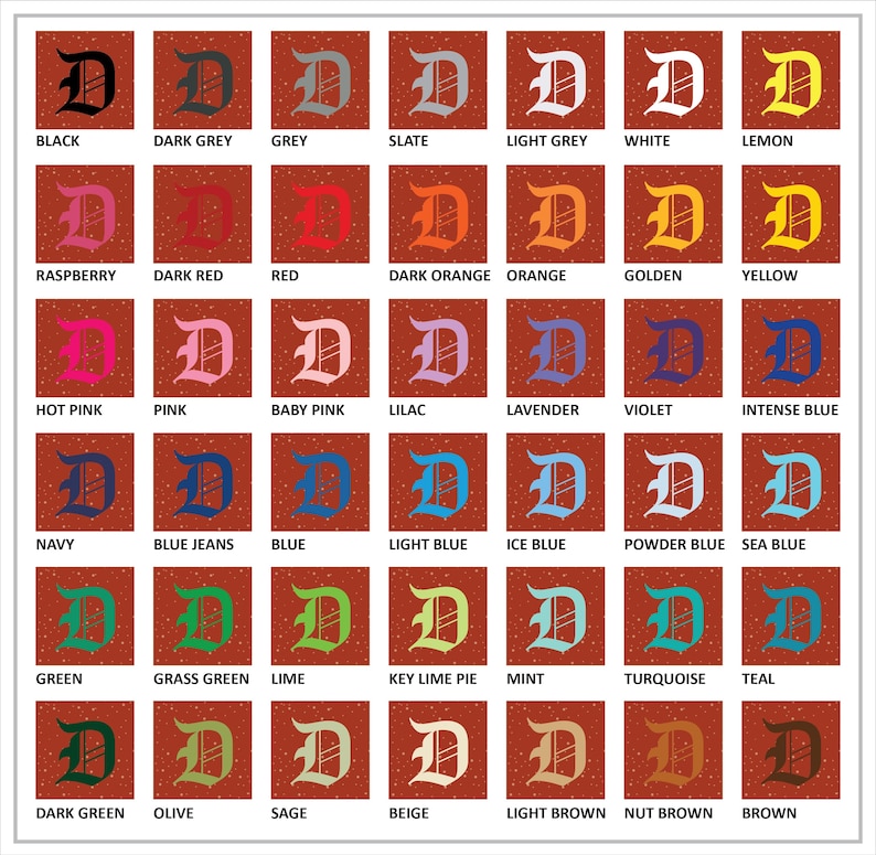 May include: A grid of color swatches, each featuring a capital letter "D" in a different color. Colors include black, grey, red, orange, yellow, pink, blue, green, and brown, with various shades and hues. Each swatch has a color name.