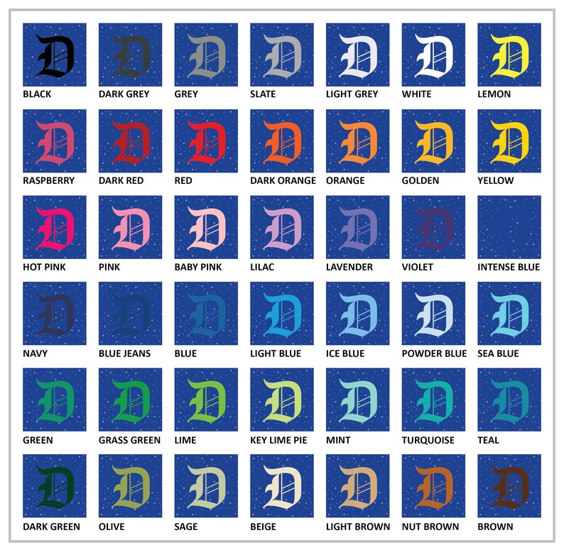 May include: A grid of color swatches, each featuring a stylized letter "D" in various colors. Colors include black, grey, red, orange, yellow, pink, blue, green, and brown, with corresponding color names below each swatch.