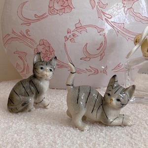 Vintage Porcelain Grey Striped Cat Figurine Pair, Miniature Cabinet Statue, Curio Cats Collection, Playing Cats, Sweet, Cat Lover Gift