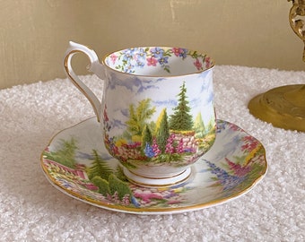 Vintage Royal Albert Kentish Rockery Floral Garden Cup Saucer Set con Countryscene y Dorado, Cottagecore, Taza de Té Inglesa, Coleccionable