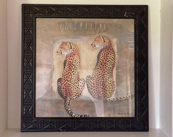 Vintage Regal Geparden Paar gerahmt Kunst von Anita de Harde, Schwarzer Holzrahmen mit Gravur, Leopard, Wildkatze, Wildtiere, Tier Wandkunst, Geschenk