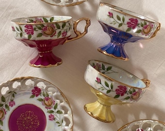 Juego de taza de pedestal y platillo reticulado Ucago vintage de loza lustrosa, trío de tazas de té japonesas, juego de té coleccionable, regalo cottagecore