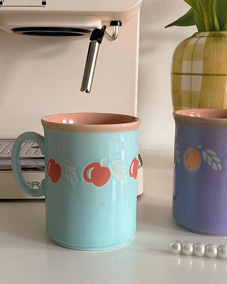 Vintage Apple Cottagecore Mug Set Of 2, Pastel Fruit Cup, Provencal Kitchen Decor, French Countryside, Gift image 2