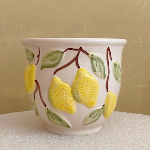 May include: A white ceramic planter with a lemon design. The planter features raised yellow lemons, green leaves, and brown stems. The pot has a slightly flared rim and a rounded base, perfect for indoor plants.