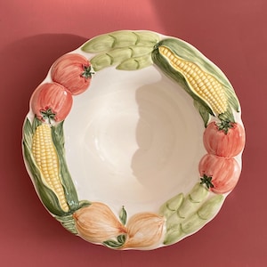 Vintage Barbotine Majolica Hand Painted Vegetable Fruit Bowl, Portuguese Pottery, Farmhouse, Cottage Garden, Kitchen Decor, Centrepiece