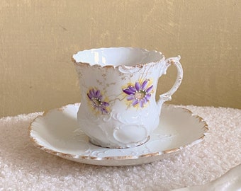 Antique Prussian White Cup Saucer Set with Purple and Yellow Flower Detailing and Gilding, Floral, RS Prussia Teacup, Rare Collectible, Gift