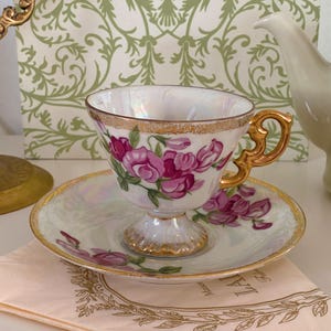 Vintage Pink Floral Iridescent Cup Saucer Set, Flower Teacup, Romantic, Cottagecore Decor, Shabby Chic China, Feminine, Tea Lover Gift