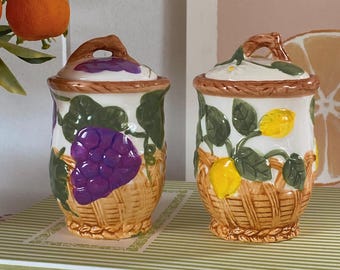 Vintage Fruit Lidded Condiment Jar Set Of 2, Grape, Lemon Ceramic Jam, Spice Pot, Farmhouse Kitchen Decor, Cottagecore, French Country, Gift