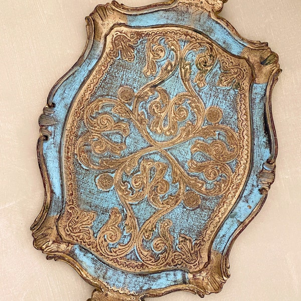 Vintage Italian Florentine Blue Gold Baroque Rococo Wooden Tray, Vintage Decorative Serving Tray, Hand Painted, High Tea, Gift Idea