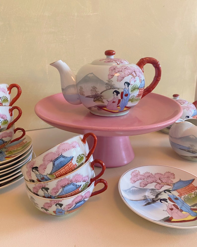 Vintage Geisha Girl Lithophane Tea Set With Geisha and Blossom Flower